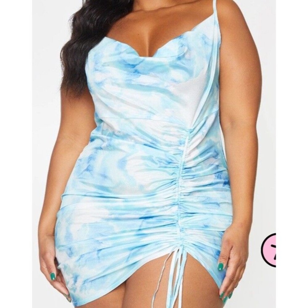 Pretty Little Thing plus dusty blue tie cowl front bodycon dress 14